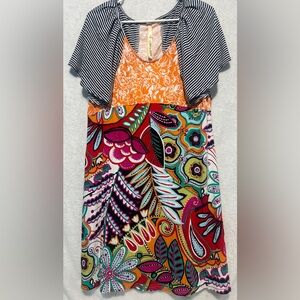 Uncle Frank Floral Multicolored Striped Short Sleeve Crew Neck Midi Dress